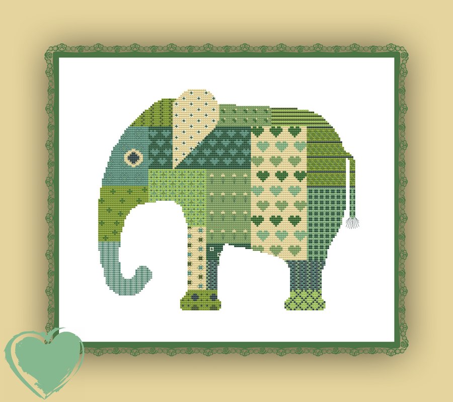 Stickvorlage Stickmuster Kreuzstich Gertrud Grün Elefant
