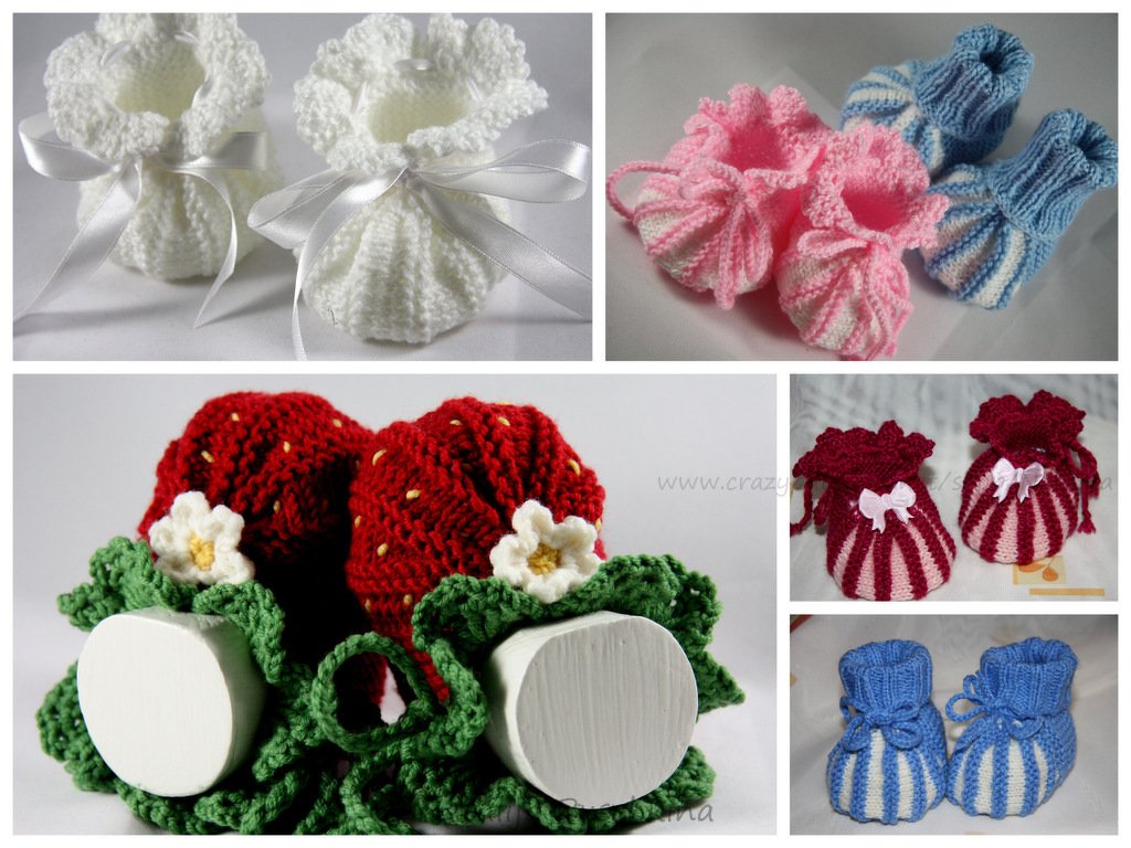 Collage mit sechs Paaren gestrickter Babyschuhe: weiße mit Schleifen, rosa-weiß, blau-weiß gestreift, rote Erdbeeren, rot-weiß gestreift und blau-weiß gestreift.