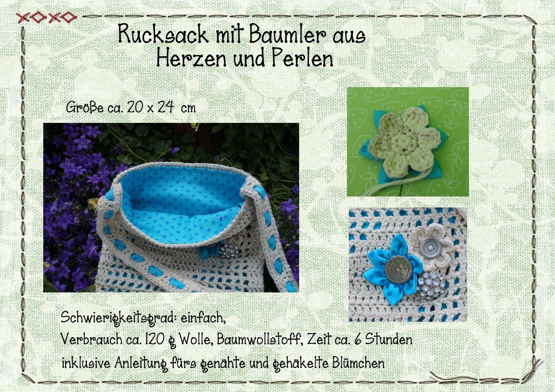Geh	er Rucksack mit t gepunktetem Innenfutter, Detailbilder von geh	en und gen	en Bl	en.