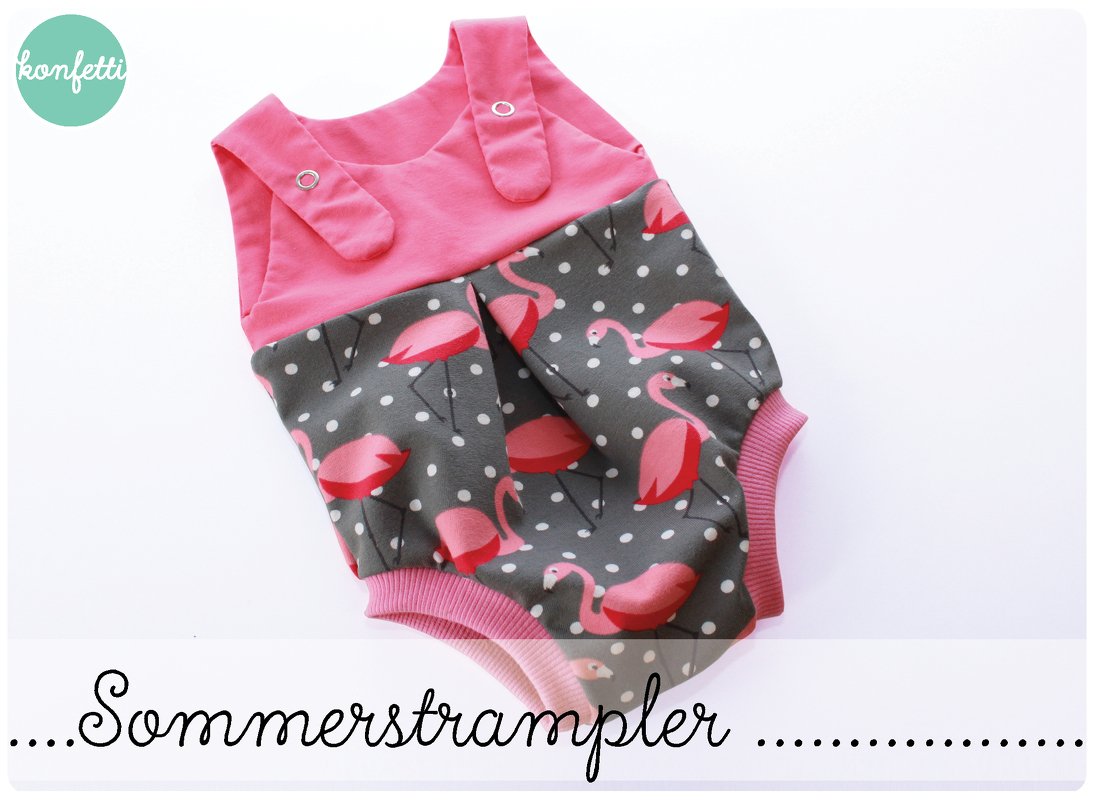 Baby-Strampler mit Trägern, rosa Oberteil und Flamingo-Muster am Unterteil