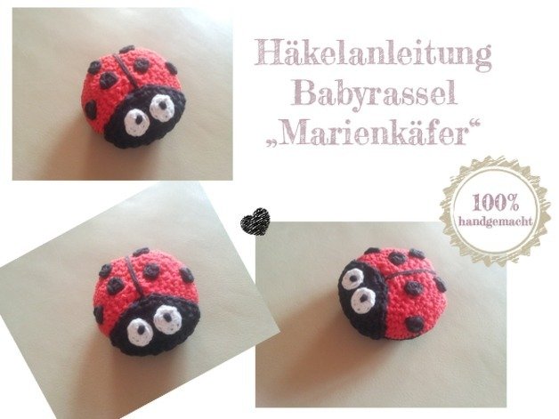 Rote gehäkelte Marienkäfer-Babyrassel mit schwarzen Punkten und weißen Augen