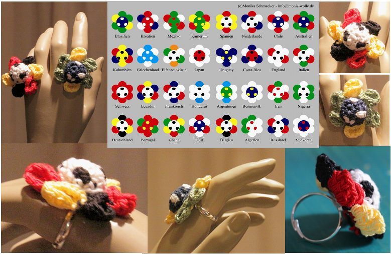 Collage aus gehäkelten Blumenringen und Armband mit Fußballmotiv sowie Referenzkarte mit Länderfarben