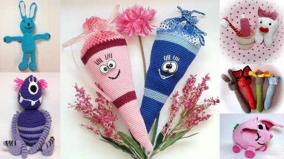 Sammlung gehäkelter Amigurumi in verschiedenen Formen und Farben zum Vergleich von Designs