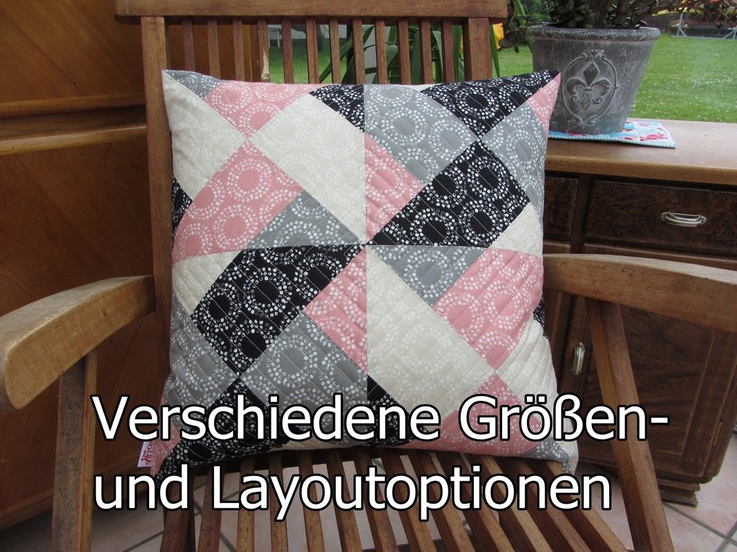 Patchwork-Kissen mit diagonal geteilten Quadraten in Rosa, Grau und Schwarz; Text 'Verschiedene Größen- und Layoutoptionen' eingeblendet