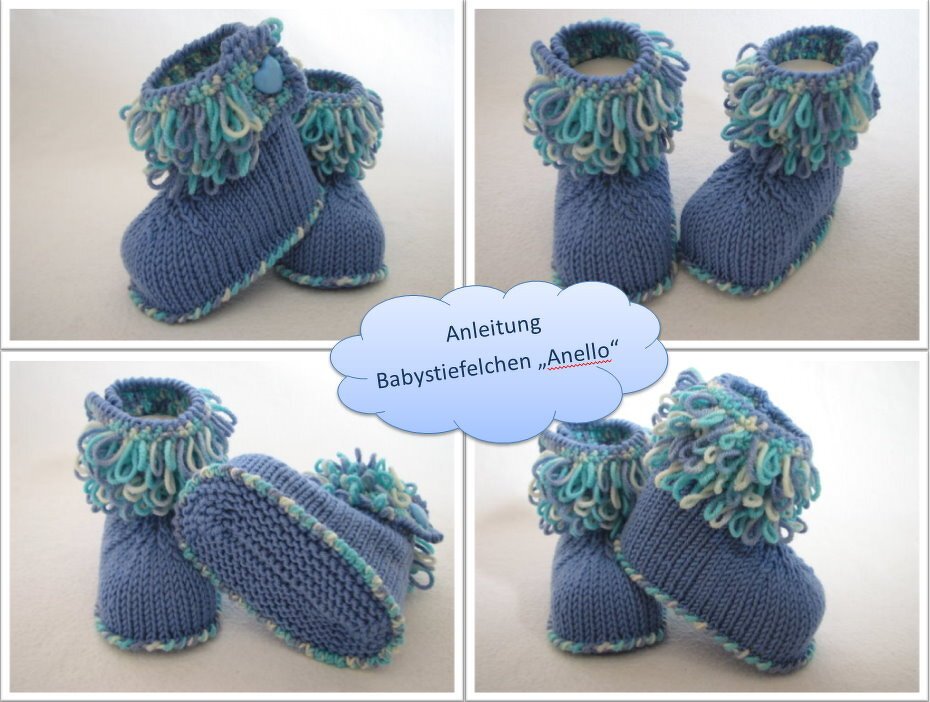 Collage blauer, gestrickter Babystiefelchen mit loopy Fransenbündchen und Detailaufnahmen von Sohle und Bündchen.