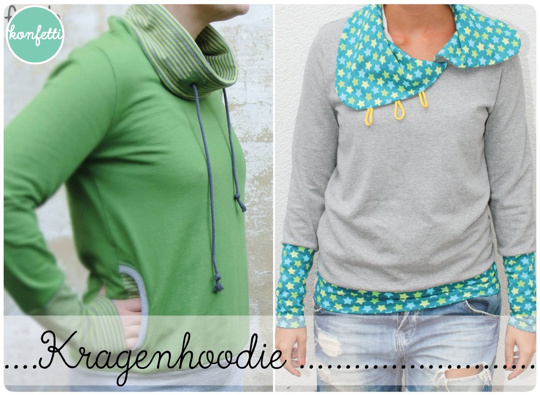 Damenoberteile mit besonderen Kragen: grüner Hoodie und graues Sweatshirt mit Sternenmuster