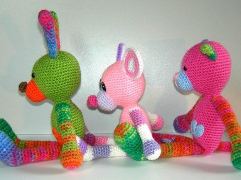 Kunterbunte Kuschelkerle Katze Maus und Hase, Schlenkertier Häkelanleitung als PDF