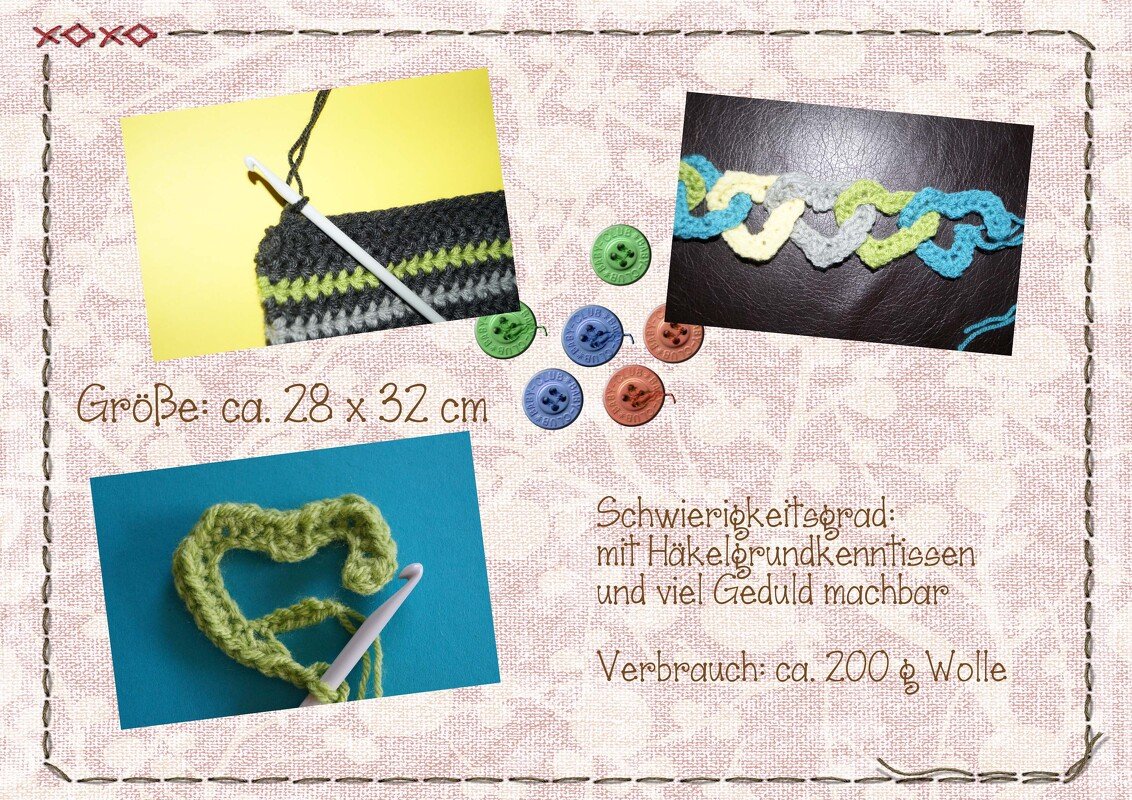 Collage aus Arbeitsschritten: gestreifter Häkelabschnitt mit Häkelnadel, gehäkelte Herz‑Kettchen‑Probe, bunte Knöpfe und handschriftliche Angaben zu Größe und Verbrauch