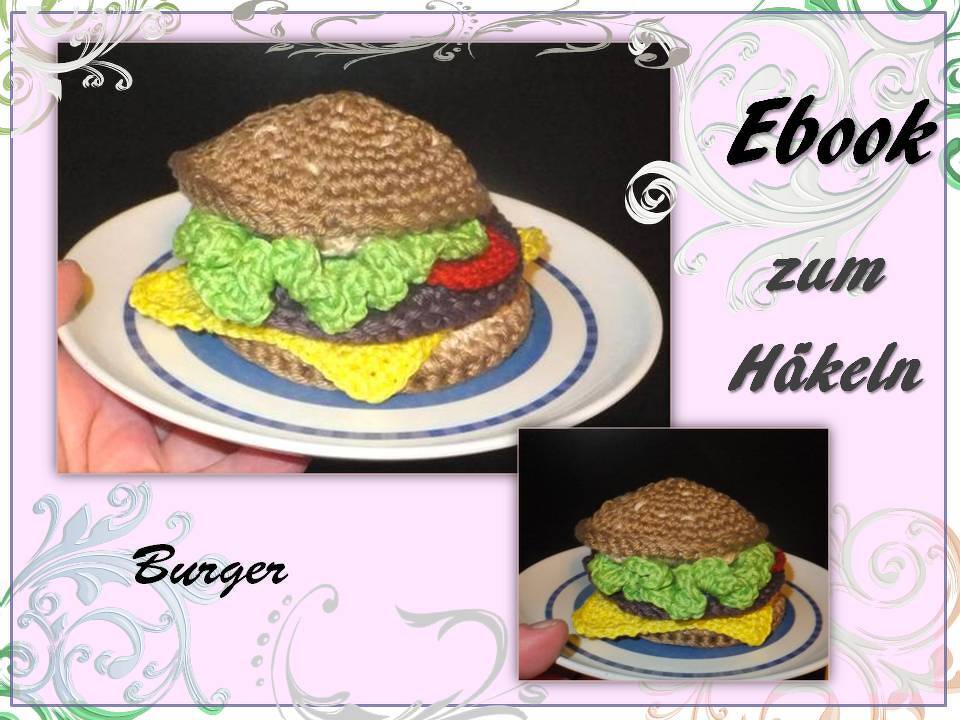 Hand hält einen gehäkelten Spielzeug-Burger auf einem kleinen Teller