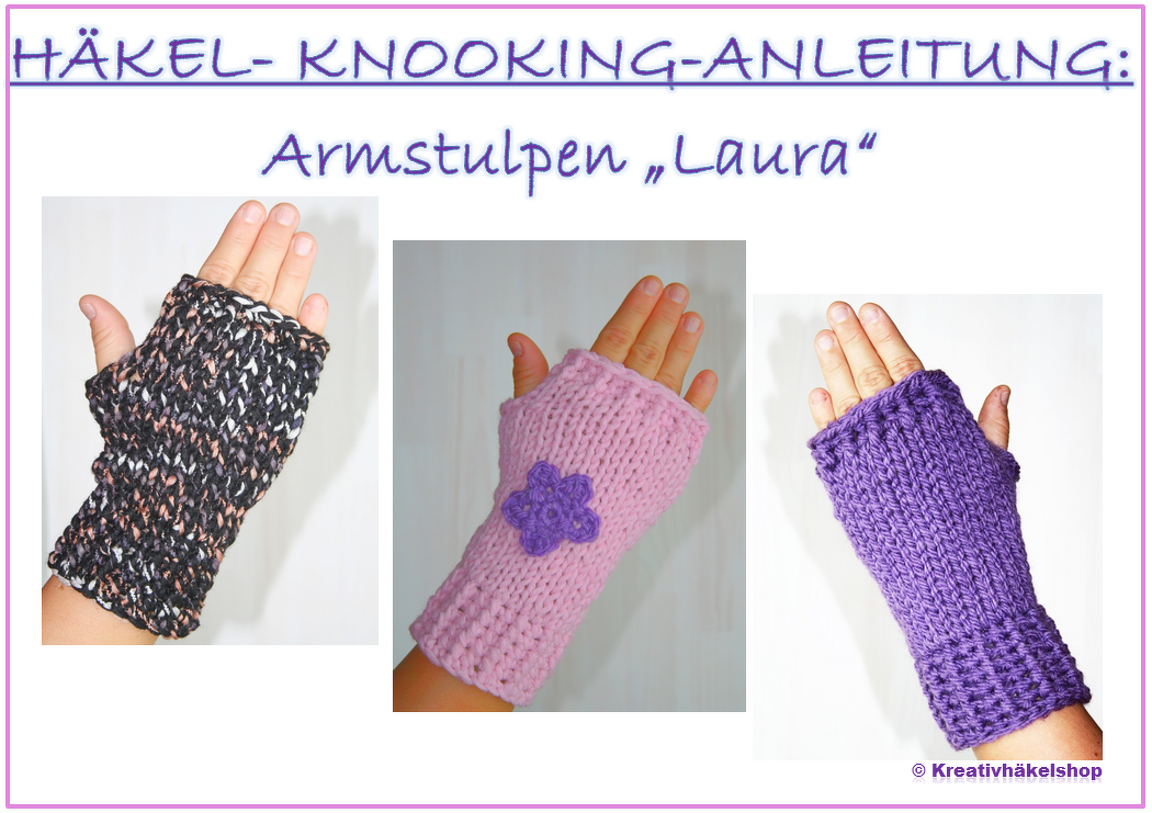 Drei geknookte, fingerlose Armstulpen in dunklem Melange, hellrosa mit lila Häkelblüte und einfarbiges Lila an Händen vor hellem Hintergrund