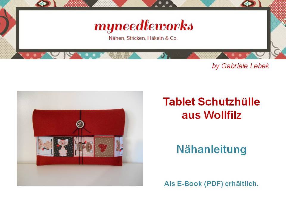 Rote Tablet-Hülle aus Wollfilz mit Umschlagklappe, Stoffstreifen und Knopfverschluss
