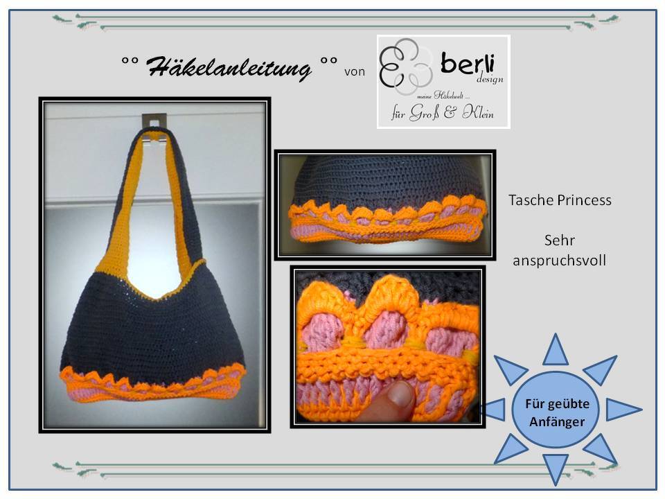 Detaillierte Ansicht einer gehäkelten Henkeltasche in Anthrazit mit orangefarbenen Trägern und orange-rosa Muster am unteren Rand