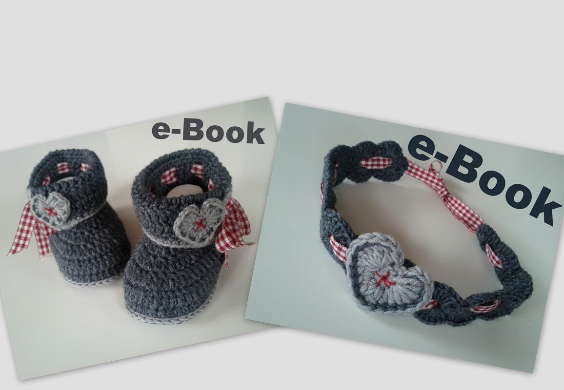 Gehäkelte dunkelgraue Babyschuhe mit hellgrauem Stirnband, kariertes Band und Herzapplikation
