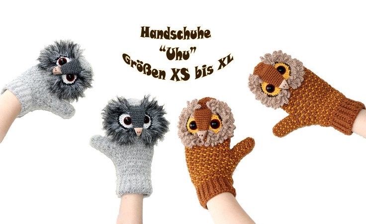 warme Handschuhe "Uhu", XS bis XL (anpassbar)