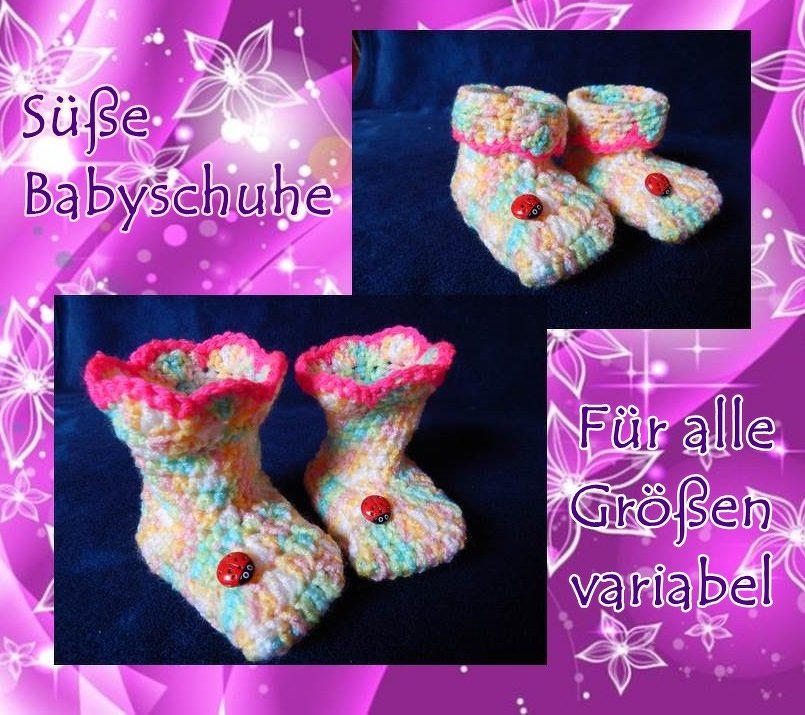Gehäkelte Babyschuhe in Pastellfarben mit rosa Wellenrand und Marienkäferknöpfen, Nahaufnahme.