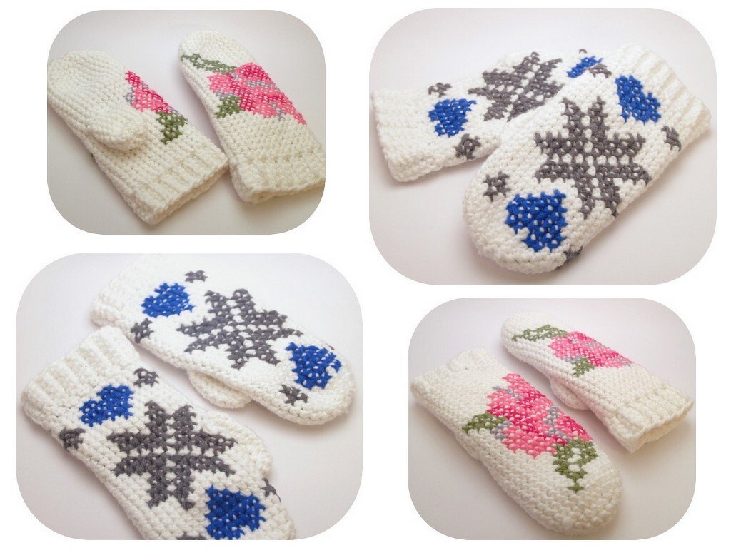 Mehrere Ansichten weißer gehäkelter Fäustlinge mit rosa Blumen- und grauen Schneeflockenmotiven