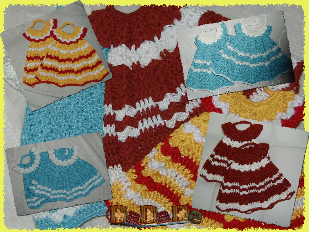 Collage aus gehäkelten Topflappen in Kleiderform in Rot, Weiß, Gelb und Hellblau