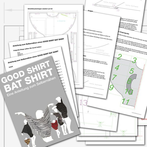 Mehrere ausgebreitete Schnittmusterbögen und eine Nähanleitung für ein Fledermausshirt
