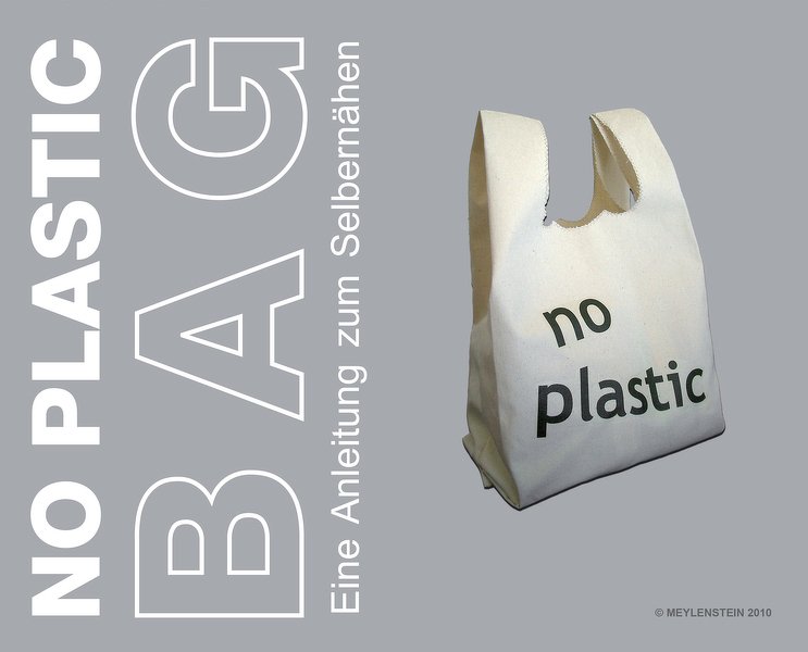 Weiße genähte Einkaufstasche mit Bodenfalte und schwarzem Schriftzug „no plastic“