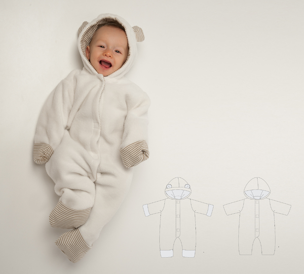CASSIA Hooded Romper Sewing Pattern PDF | Fold-Over Mitten & Footie Cuffs |