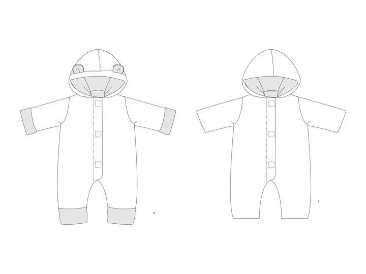 CASSIA Hooded Romper Sewing Pattern PDF | Fold-Over Mitten & Footie Cuffs |
