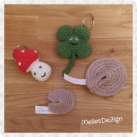 Häkelanleitung *Glücksbringer* Glückskekse, Glücksklee & Glückspilz