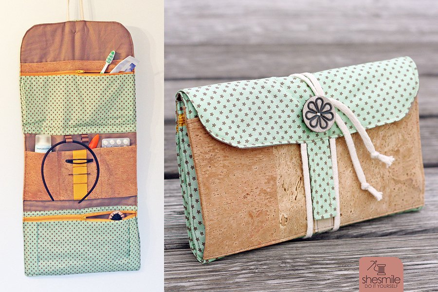 Organizer-Tasche aus Korkstoff und mintgrünem Sternenstoff, offen aufgehängt und zusammengefaltet geschlossen.