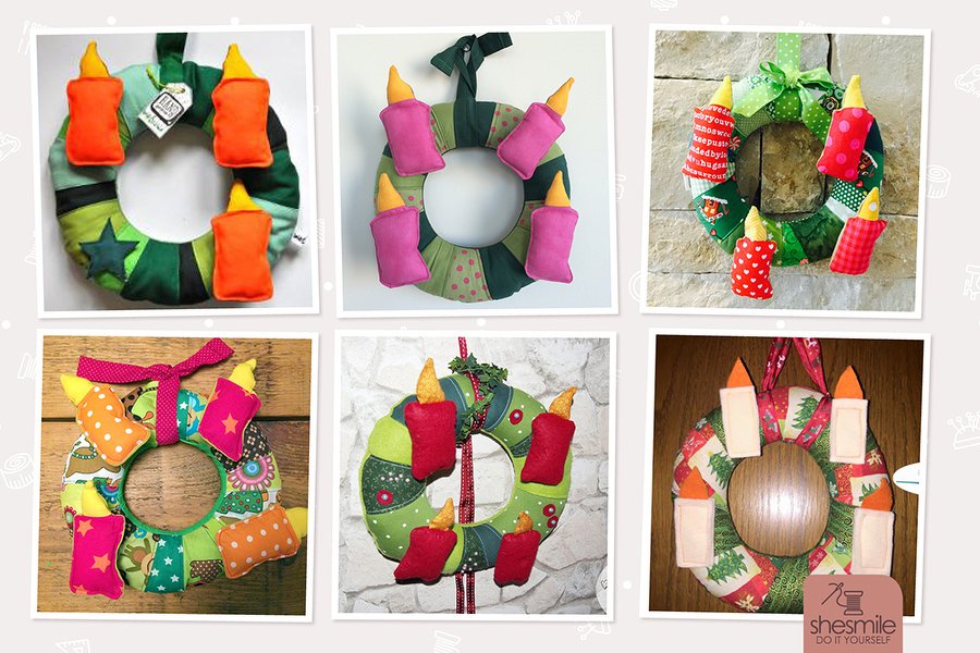 Collage aus sechs gepolsterten Stoff-Adventskränzen mit aufgenähten Kerzenapplikationen