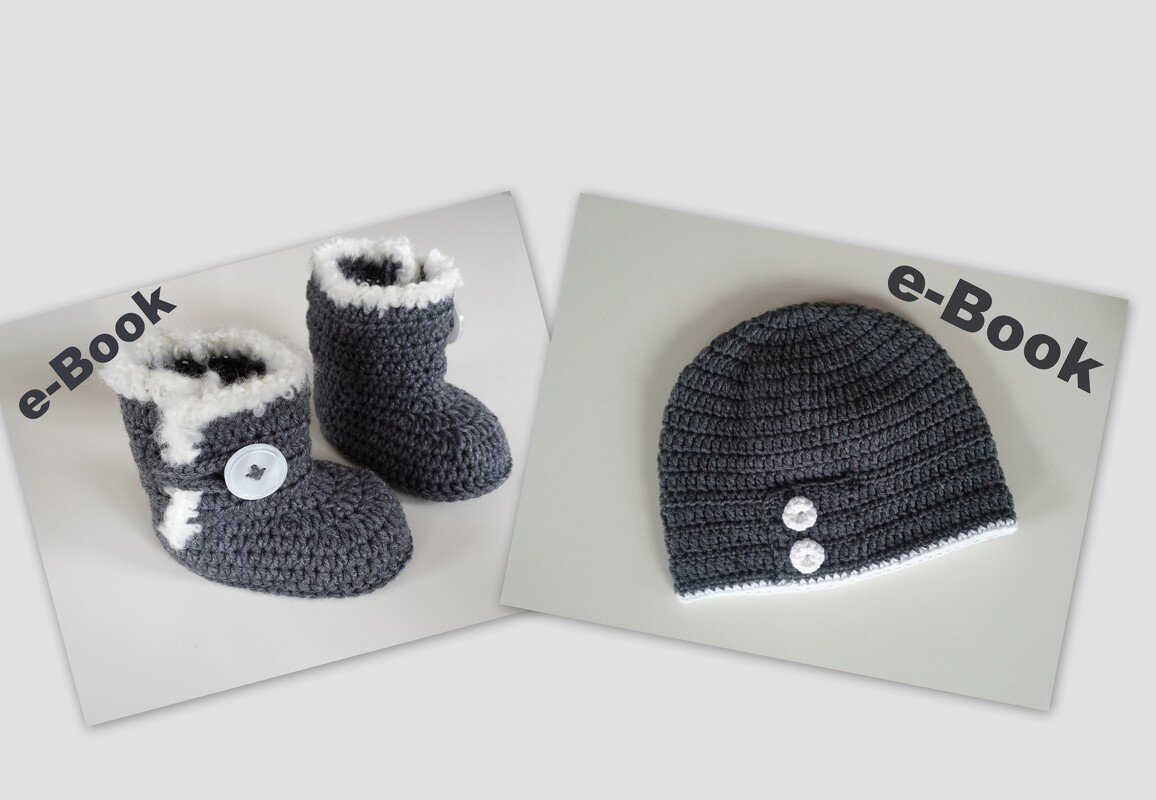 Gehäkelte graue Babyschühchen mit weißem Rand und passende graue Mütze mit Zierknöpfen.