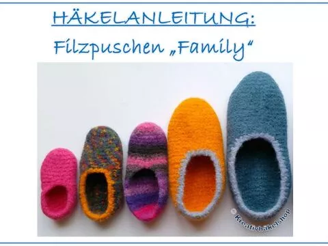 Häkelanleitung Filzpuschen "Family" (Gr. 20-45) 