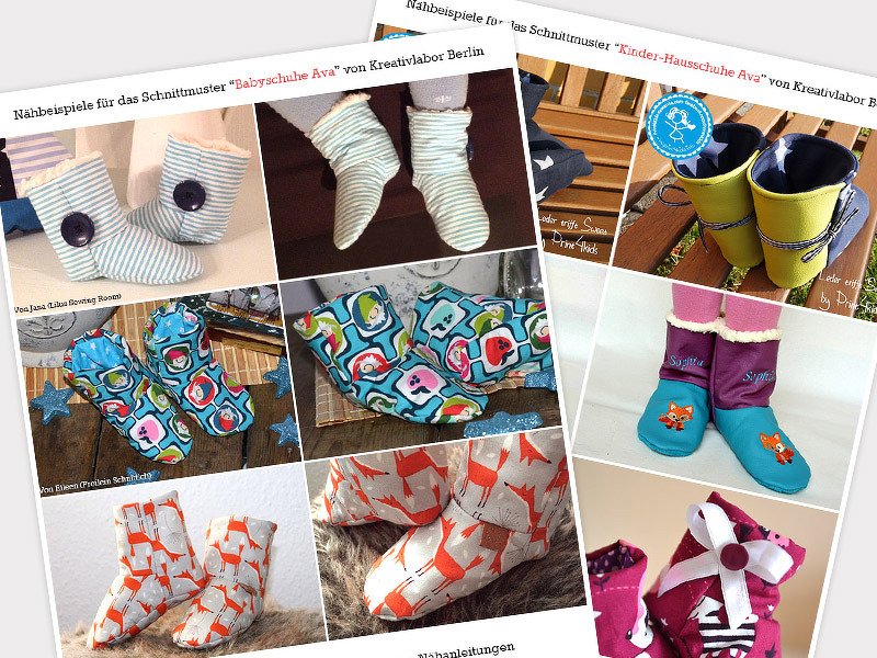 Collage aus neun Paaren selbstgenähter Babyschuhe und Kinderhausschuhe in unterschiedlichen Mustern und Farben.