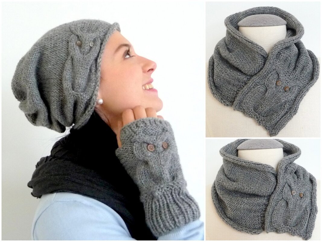 Knitting Pattern - Owl Design Set - Beanie, Gloves & Shawl - No.101ESet