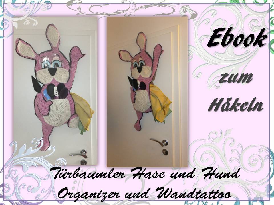 Rosa gehäkelter Hasen-Türorganizer mit Bauchtasche, gefüllt mit Bürsten und Tuch