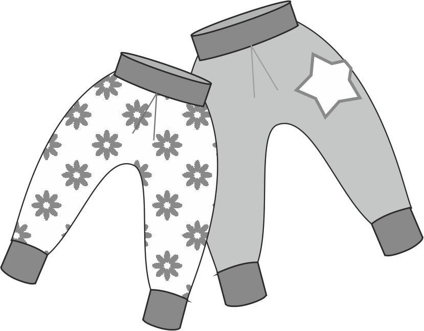 Zwei gezeichnete Babyhosen: eine mit Blumenmuster, eine graue mit Sternapplikation.