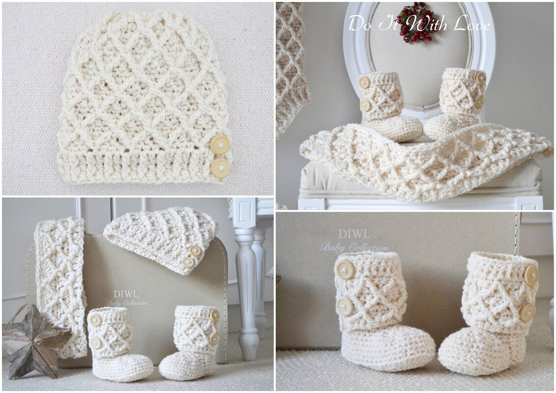 Häkelanleitung E-Book Baby Mütze, Loop, Schuhe Set Diamond