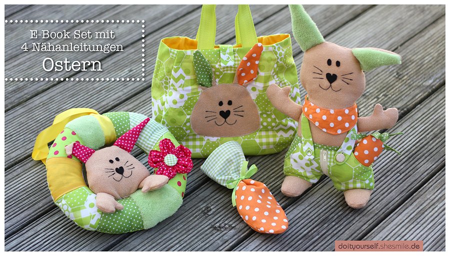 Vier genähte Oster-Nähprojekte: Hase, Tasche, Spielring und Karotte in Patchwork-Stoffen