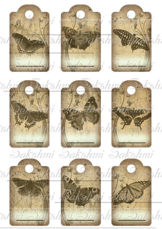 Neun digitale Vintage‑Anhänger mit verschiedenen Schmetterlingsmotiven und beschreibbarem Feld.