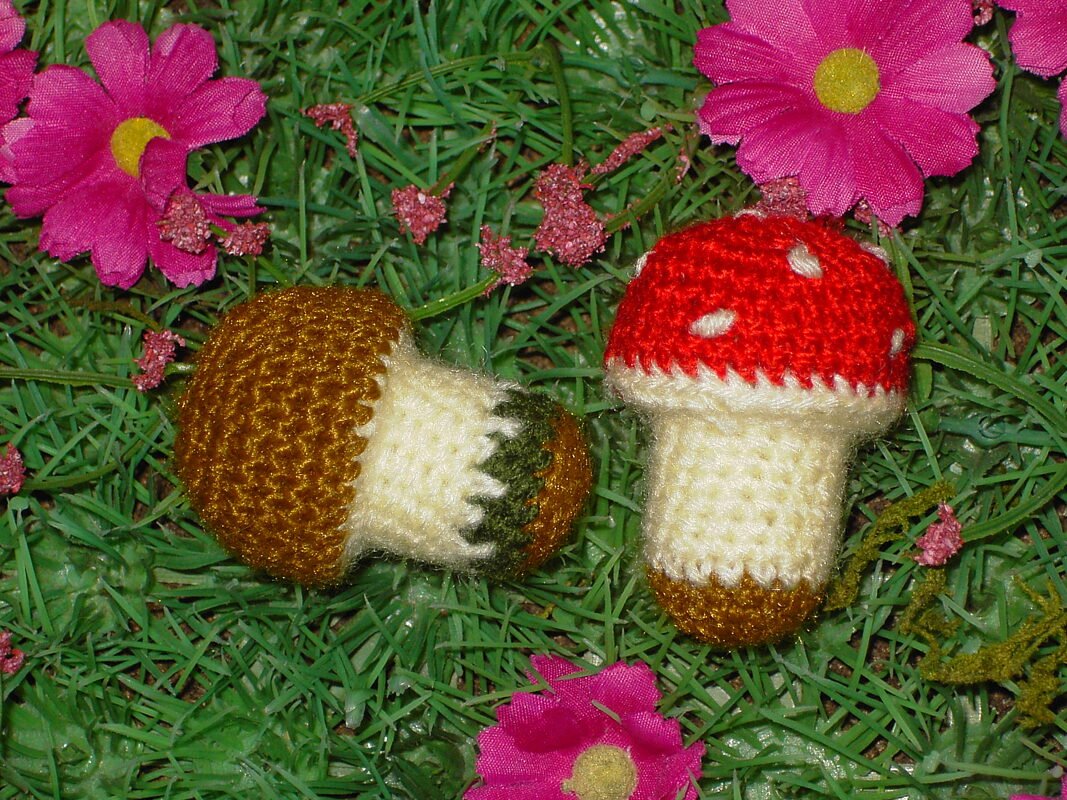 Zwei handgehäkelte Pilze auf grünem Gras mit rosa Blüten