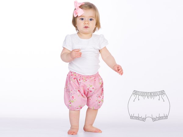 STELLA Baby diaper cover pattern pdf for boys + girls without center seam. Bloomers with elastic at waistband + hem by Patternforkids