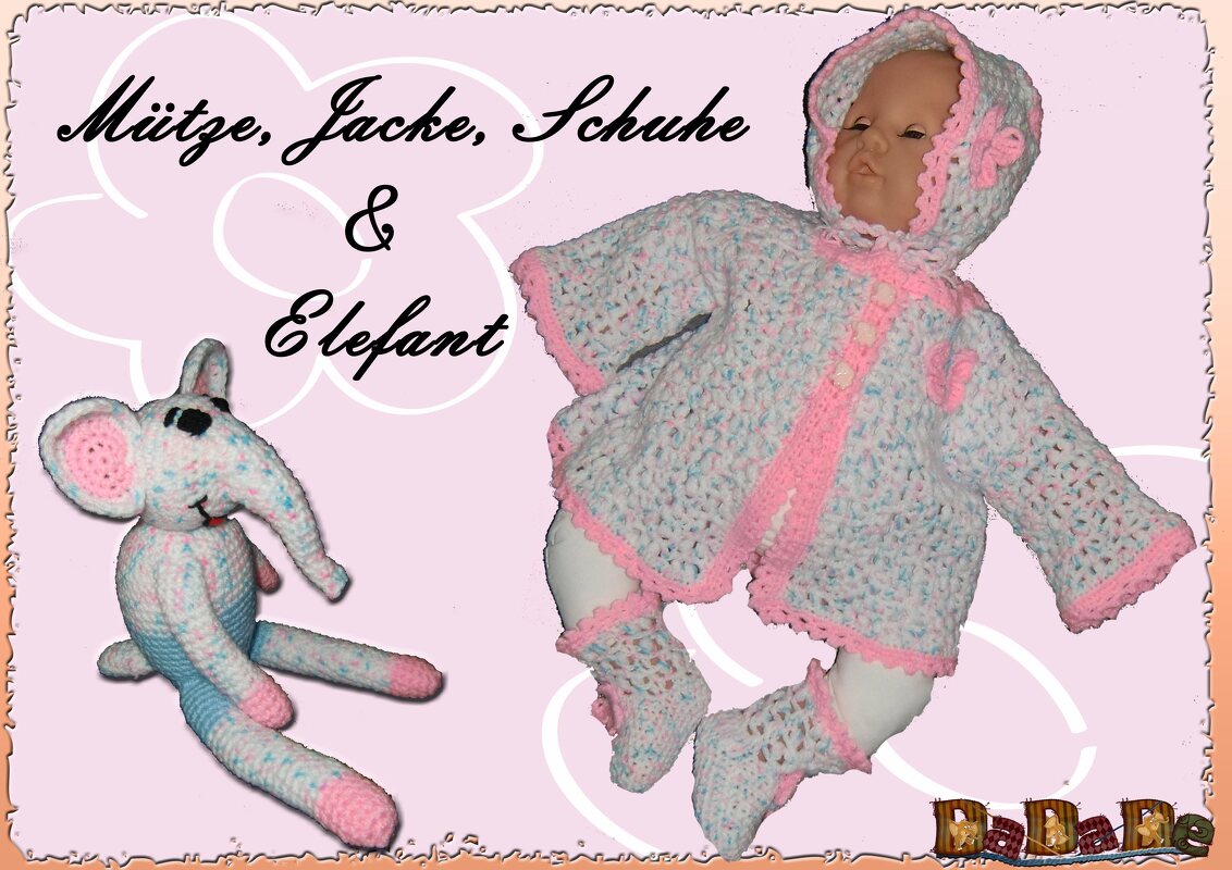 Mütze, Jacke, Schuhe mit Schmetterling und Elefant, 4er-Set Größe 68-74, eine Häkelanleitung