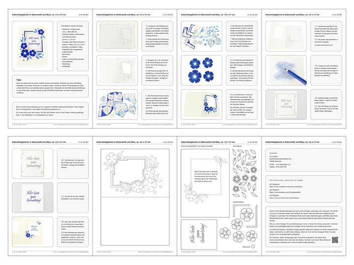 Geburtstagskarte in Naturweiß und Blau – Bastelanleitung und Vorlagen