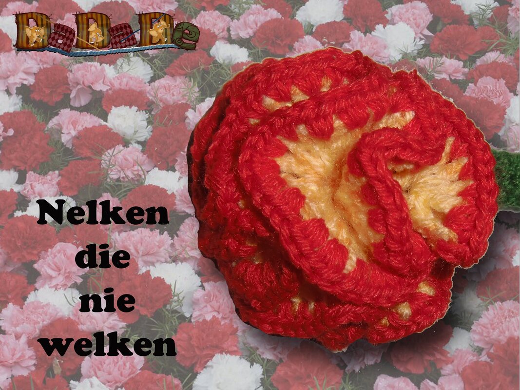 Gehäkelte rote Nelkenblüte mit gelbem Zentrum vor einem Hintergrund aus echten Nelken und dem Schriftzug ‚Nelken die nie welken‘.