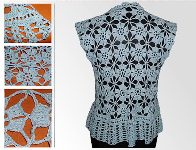 Hellblaue gehäkelte Damenweste mit Blumenmuster, Rückansicht und Details der Häkelarbeit