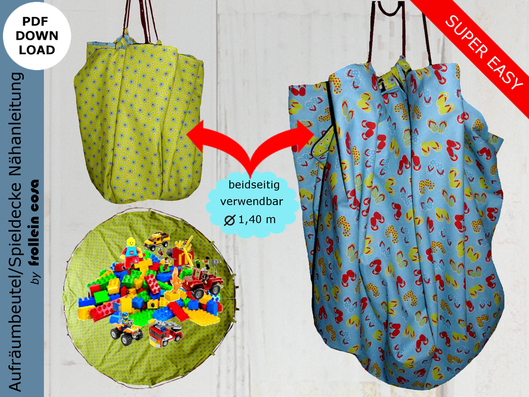 Runde limegrüne Spieledecke mit blauen Punkten und gefülltem Bausteinspiel, daneben blauer Beutel mit Flip‑Flop‑Muster