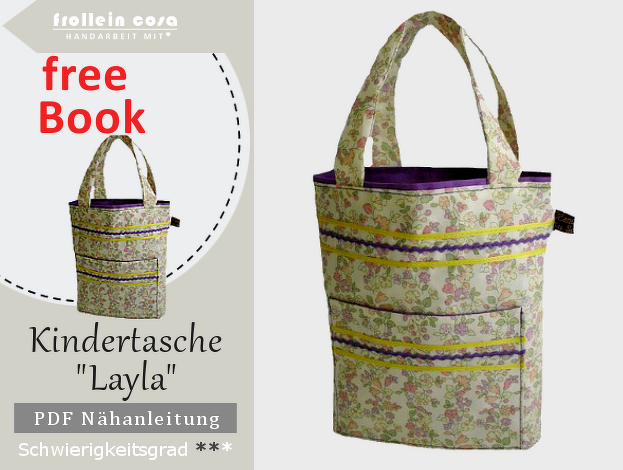 Floral gemusterte Kindertasche 'Layla' mit Tragehenkeln und Außentasche, violette Einfassung