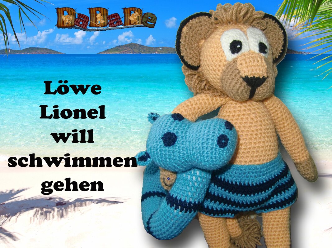 Löwen Lionel mit Schwimmreif Hippo und Badehose, Häkelanleitung