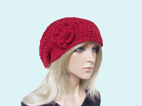 Häkelbeanie mit Häkelblüte, Häkelanleitung, Häkeln, Häkelrose, slouch, crochet hat