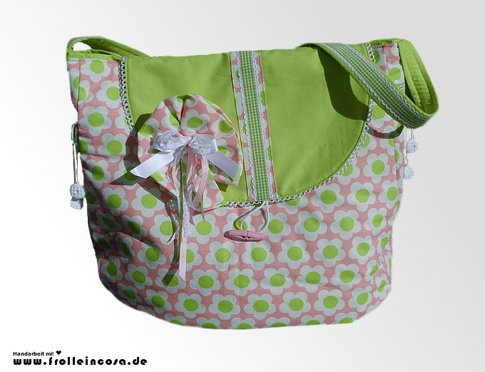 Einkaufstasche rosa und hellgrün mit Blumenmuster, Tragegriff und Knopfverschluss