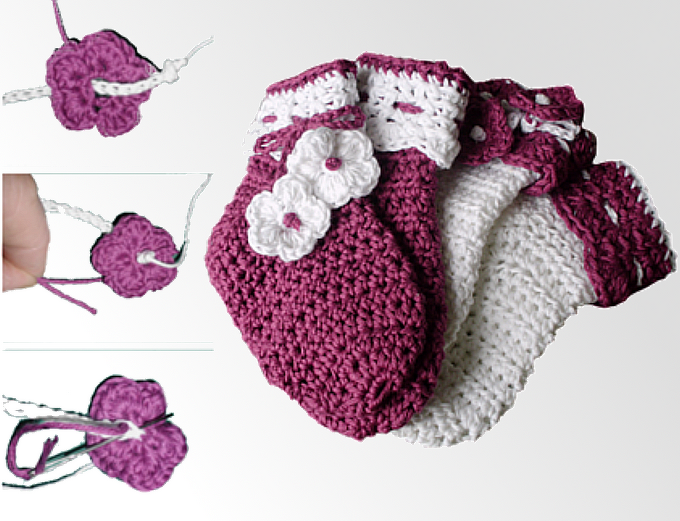 Gehäkelte Babysocken in Magenta und Weiß mit Nahaufnahmen der Blüten-Applikation und der Fadenführung