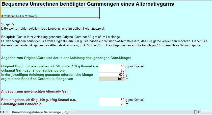 Umrechnungstabelle Garnmenge Alternativ-Garn für's Stricken und Häkeln - Bild 2